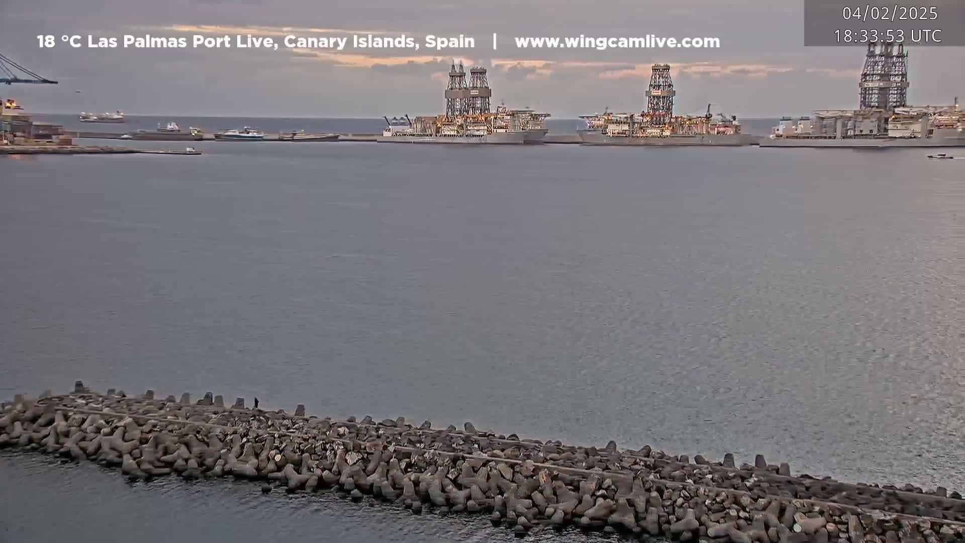 Several large ships are docked in a calm harbor, with a long breakwater in the foreground under an overcast sky.