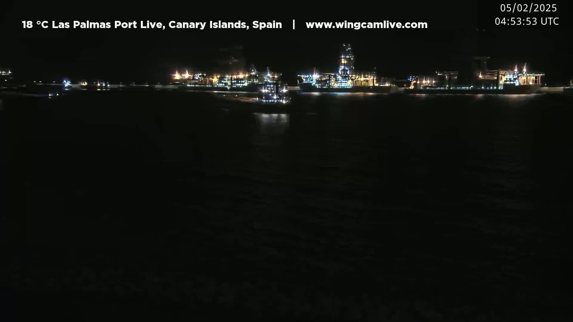 A nighttime view of a port with several brightly lit ships at anchor.