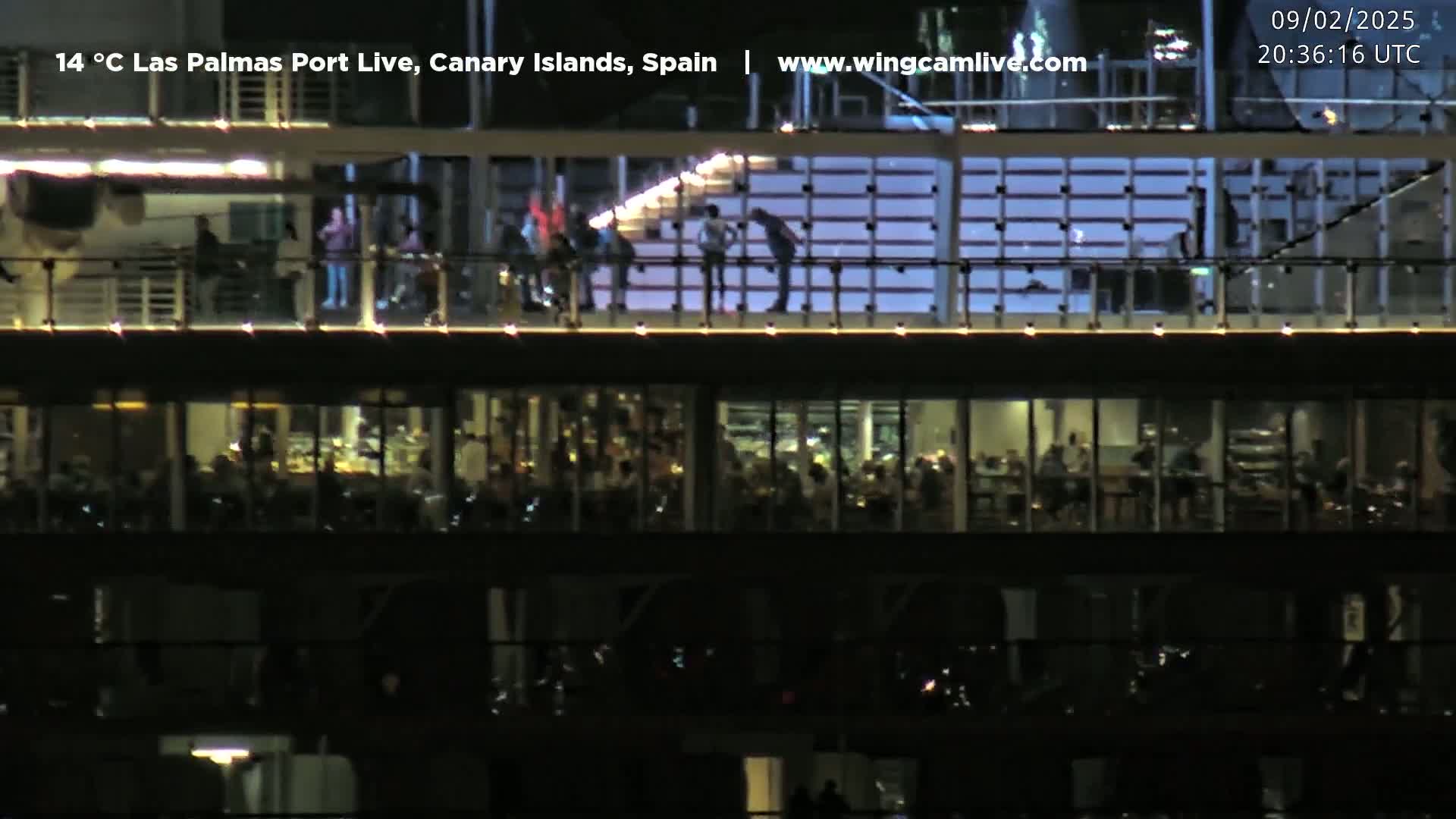 A nighttime view of a large cruise ship with people on an upper deck and in a lower-level restaurant.