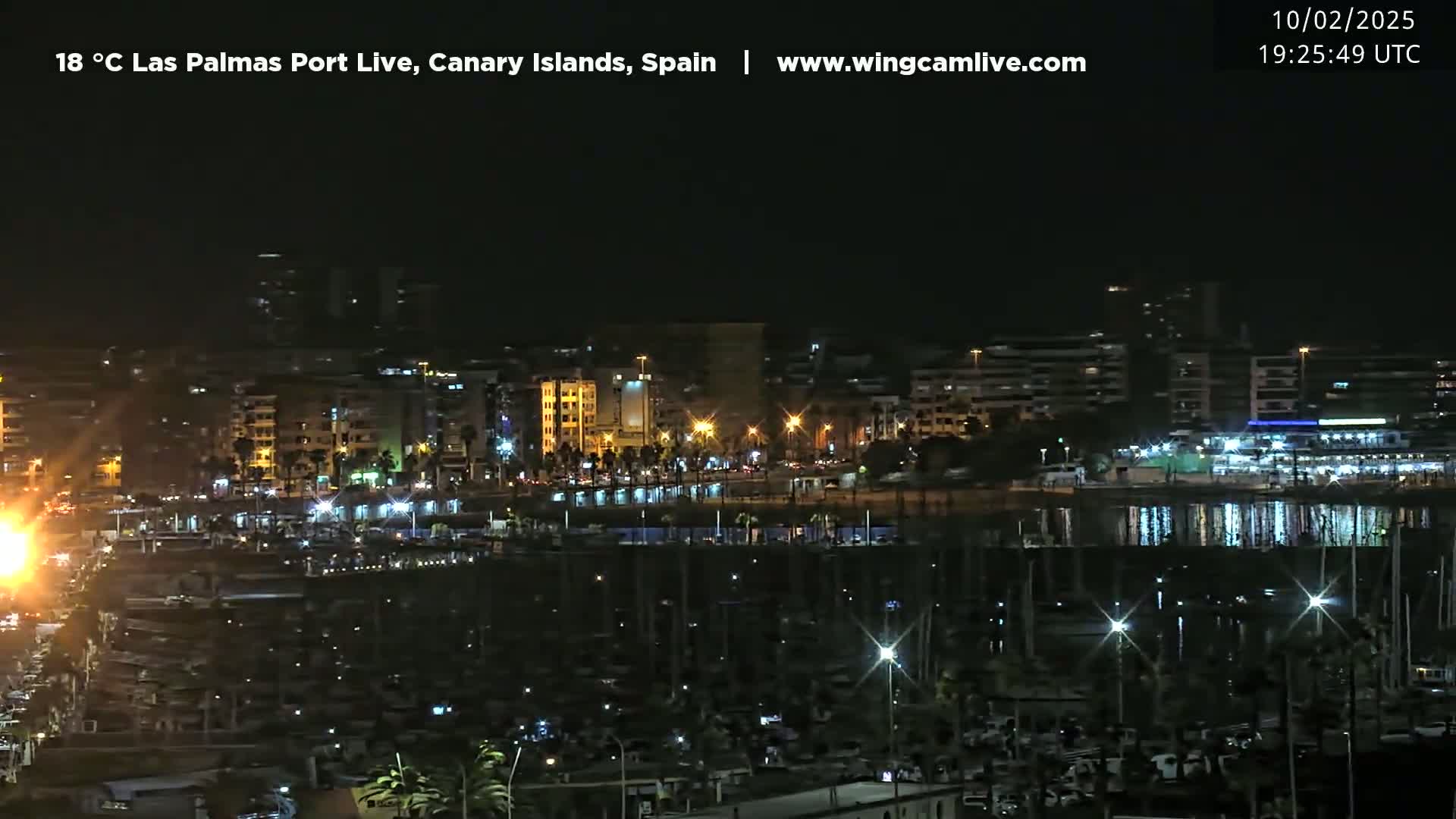 A nighttime view of a harbor filled with boats, with a city skyline illuminated in the background under a clear sky.