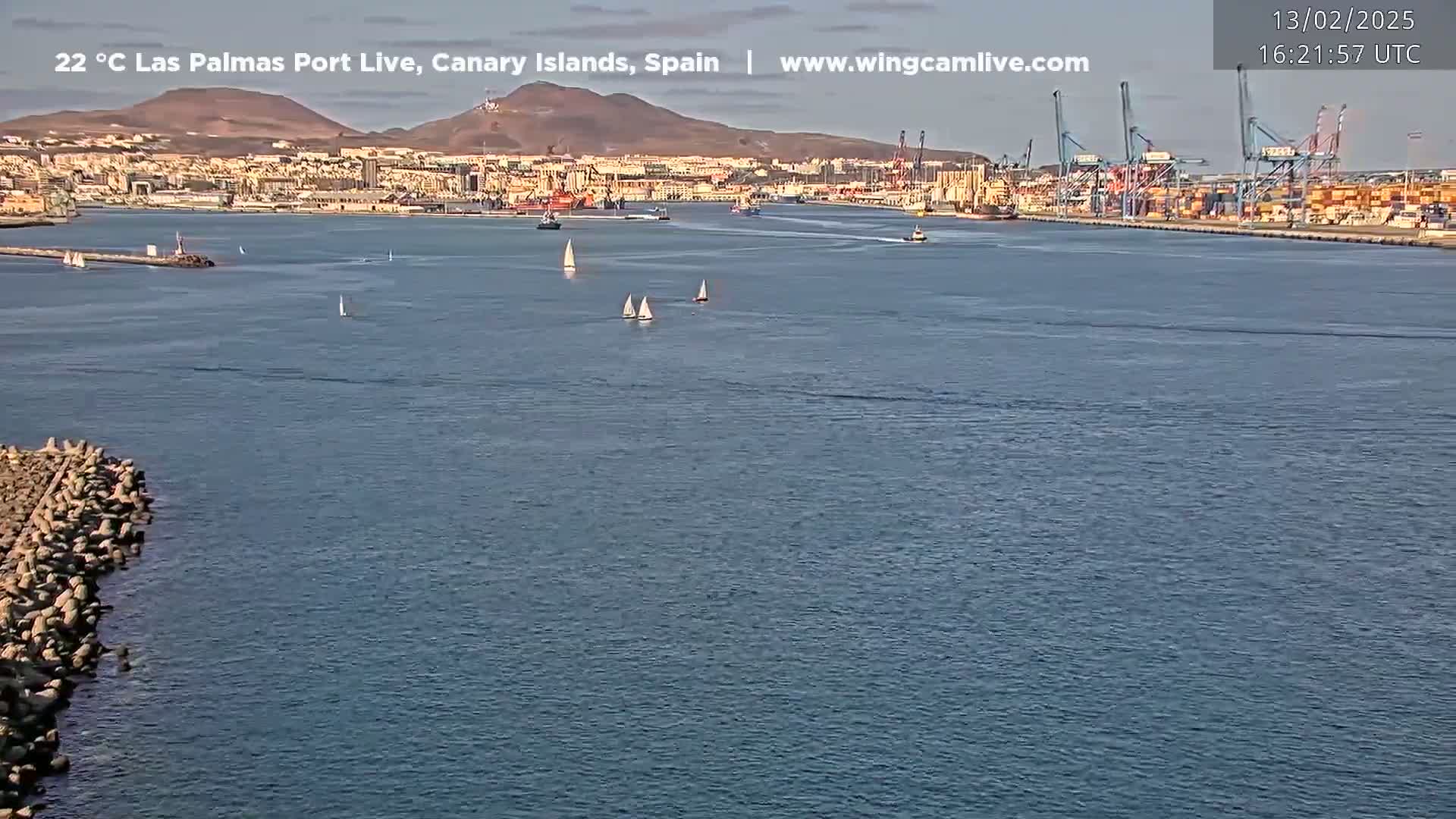 A sunny view of a harbor with several sailboats in the water, a city in the background, and a rocky breakwater in the foreground.