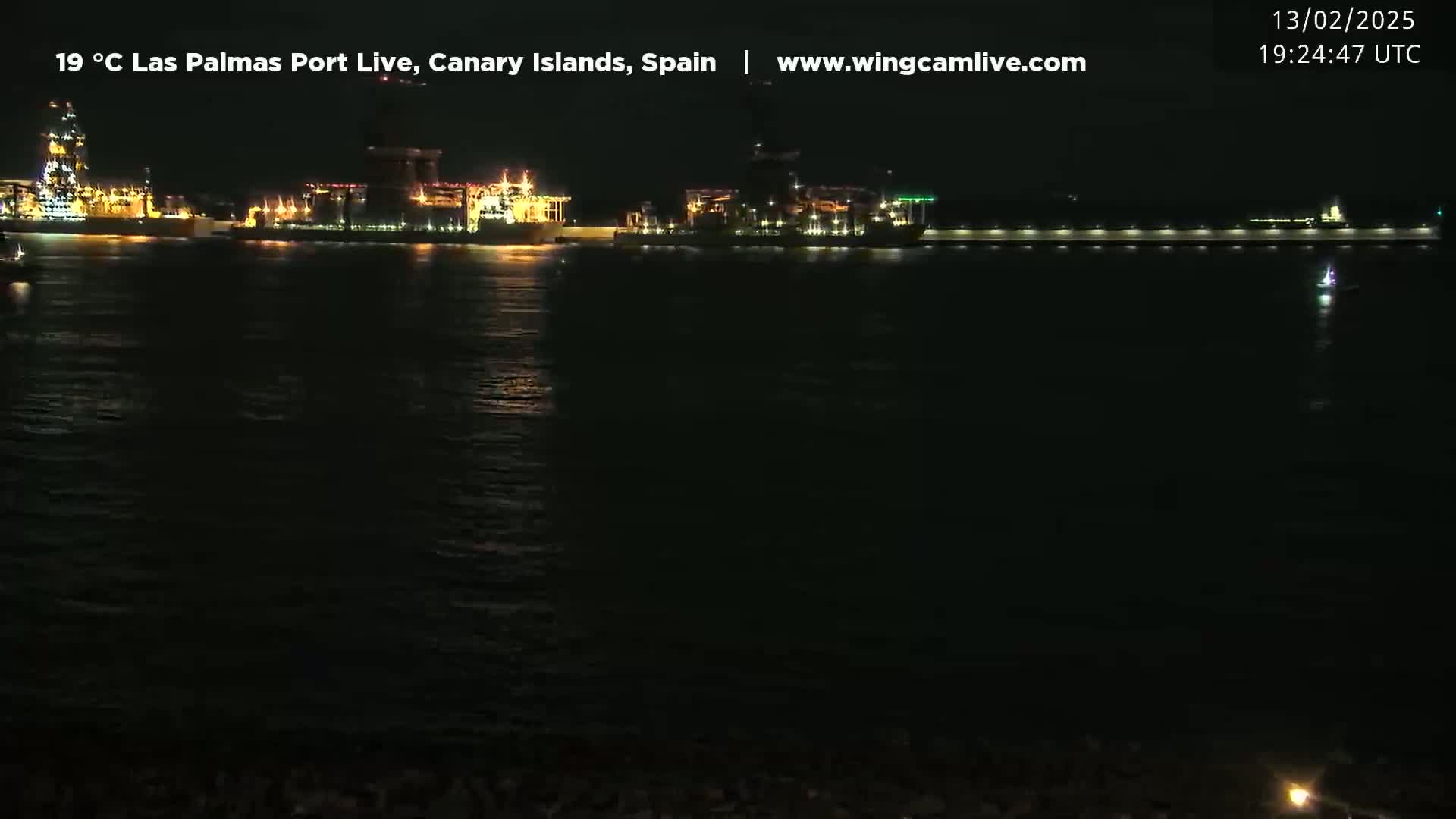 At night, brightly lit ships are docked at a port, their lights reflecting on the dark water.
