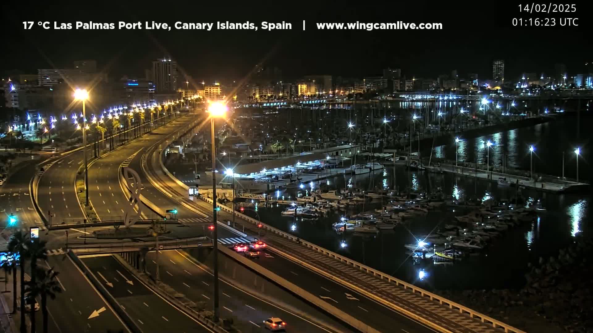 A nighttime, brightly lit view of a harbor filled with boats and a multi-lane highway next to a palm tree-lined roadway.