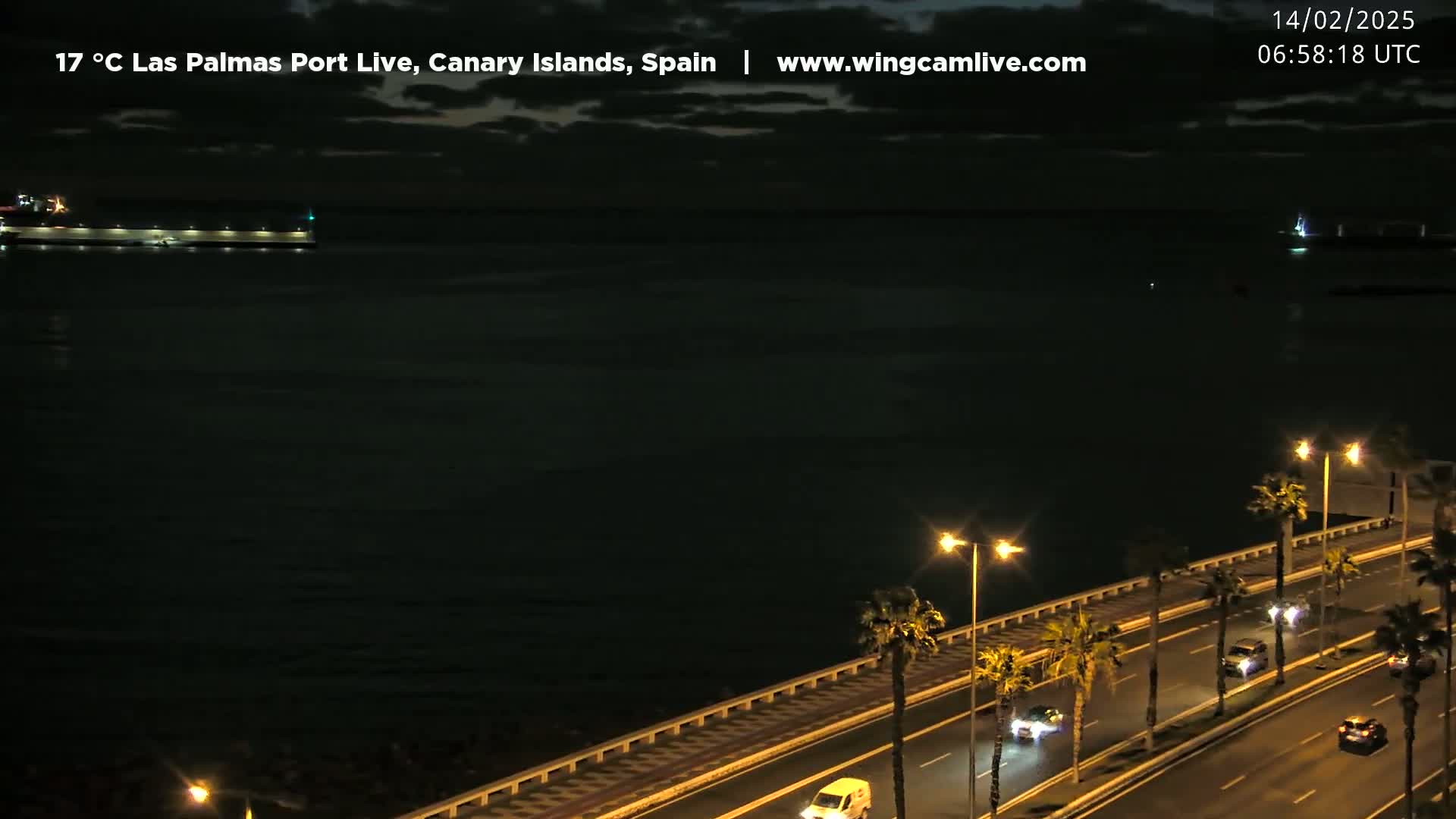 A nighttime coastal highway scene with a few cars driving along a palm tree-lined road overlooking a dark ocean.