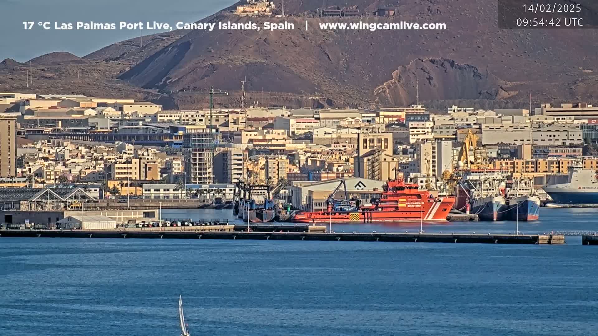 A harbor filled with various ships and boats is seen under sunny skies, with a cityscape and mountains in the background.