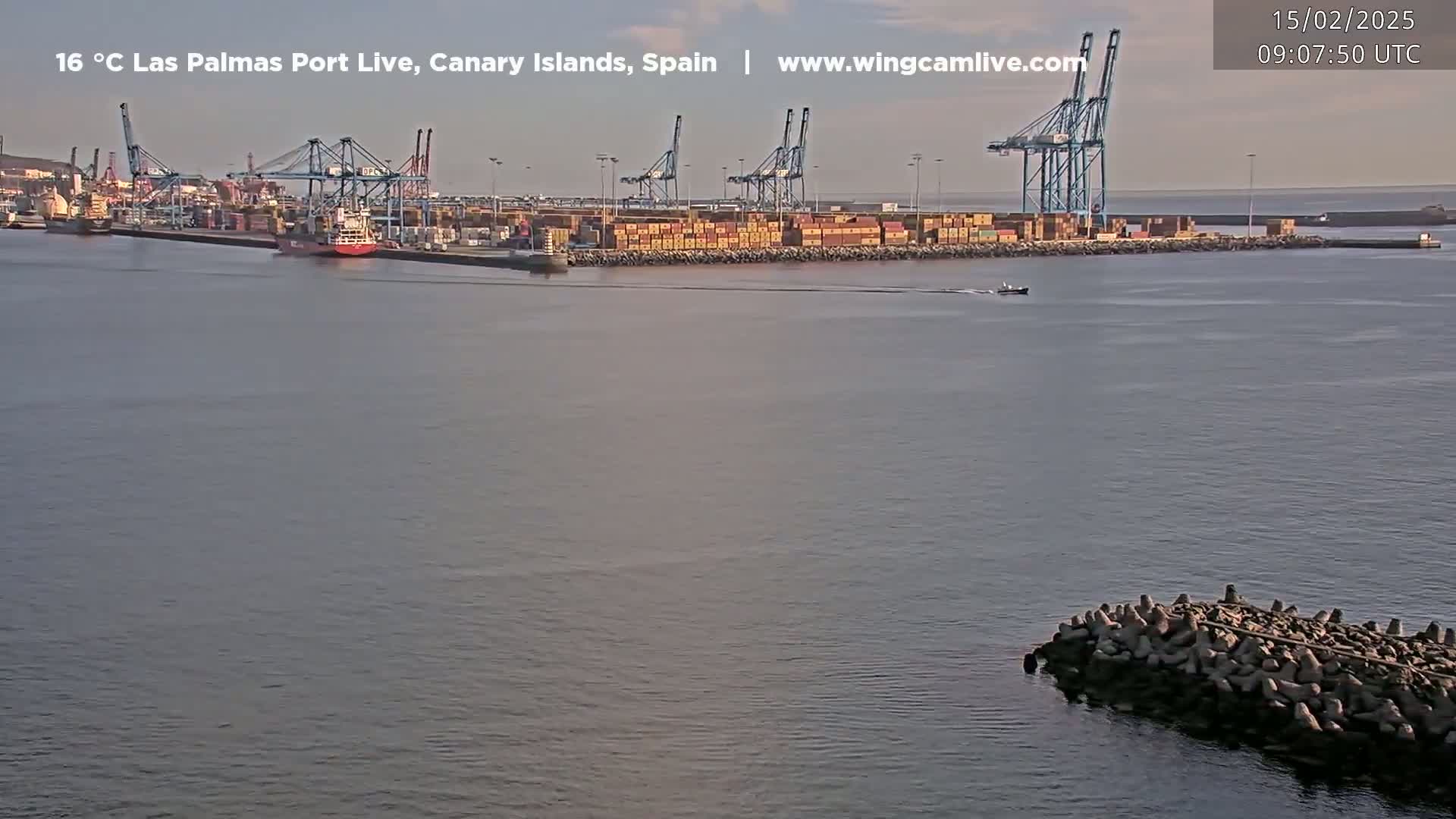 A container port with several cranes and cargo ships is visible across calm water, under a clear sky.