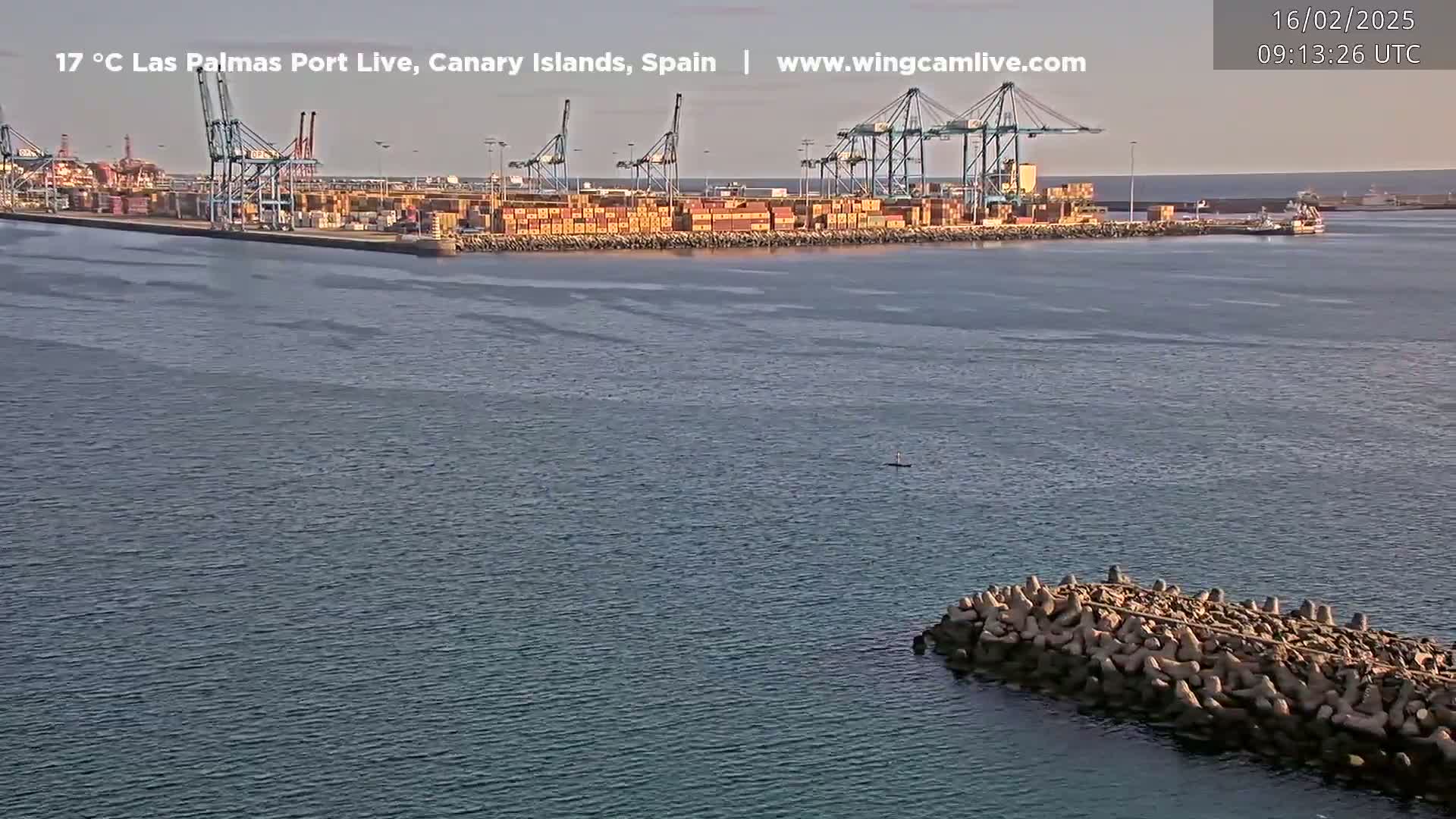 A calm body of water shows a container port with numerous cranes and cargo containers under a clear sky.