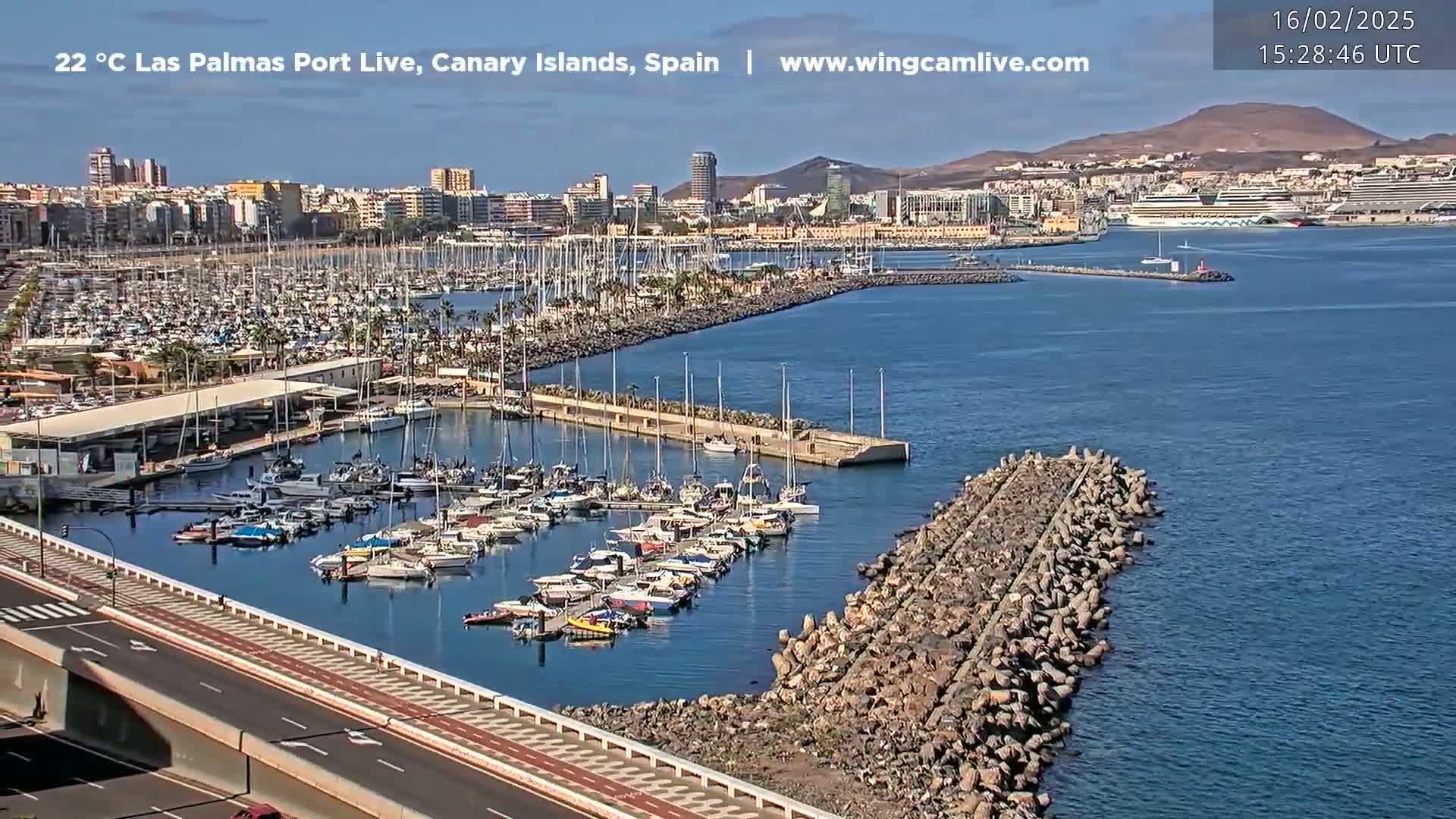 A sunny harbor filled with numerous boats and yachts, situated near a city skyline and a mountainous backdrop.