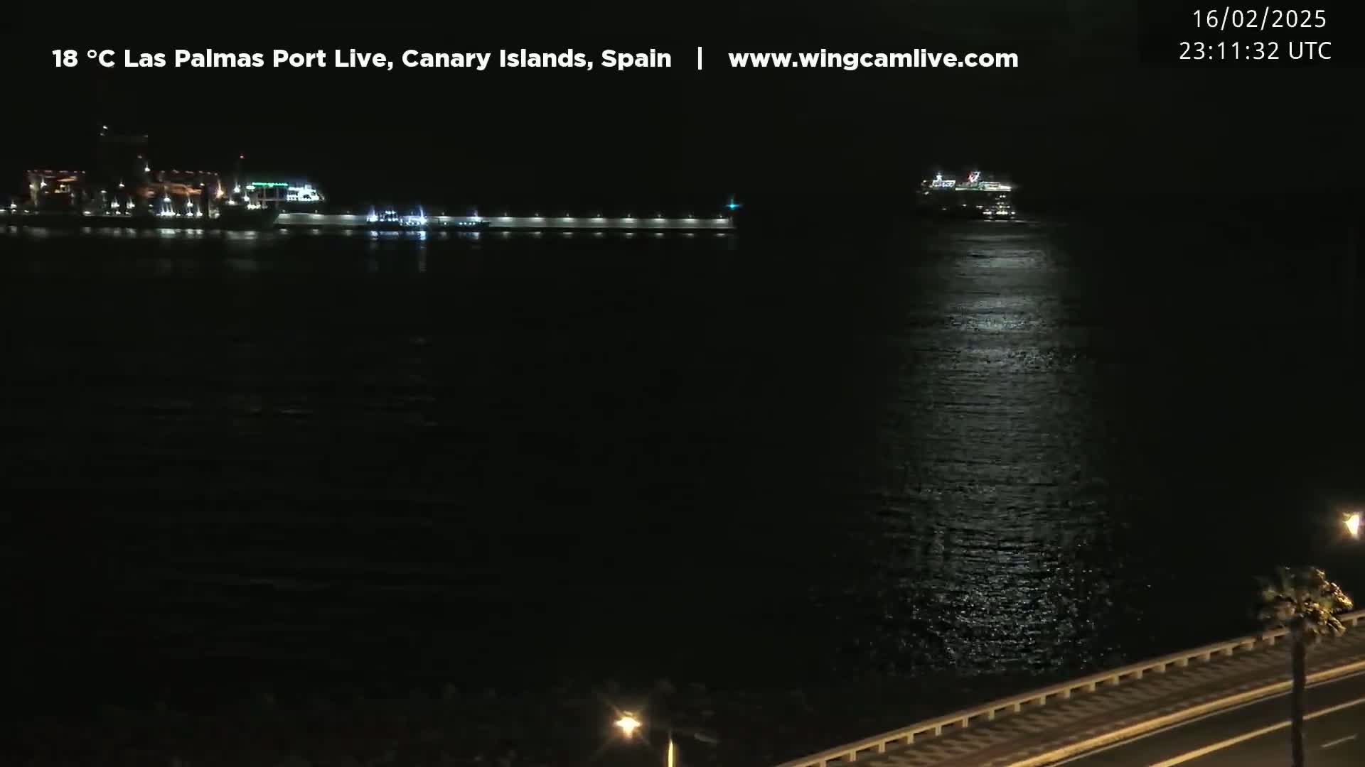 A nighttime view of a calm harbor with a cruise ship and lit docks, under a bright moon.