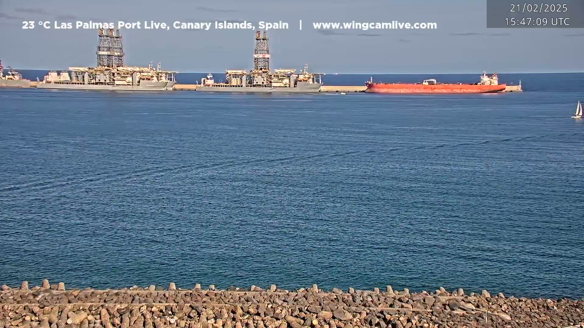 A calm, sunny day shows several large ships and a sailboat in a harbor, viewed from a rocky shoreline.