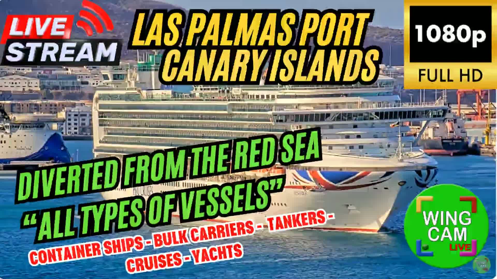A large cruise ship is docked at a port, with other smaller ships visible in the background, under sunny conditions.