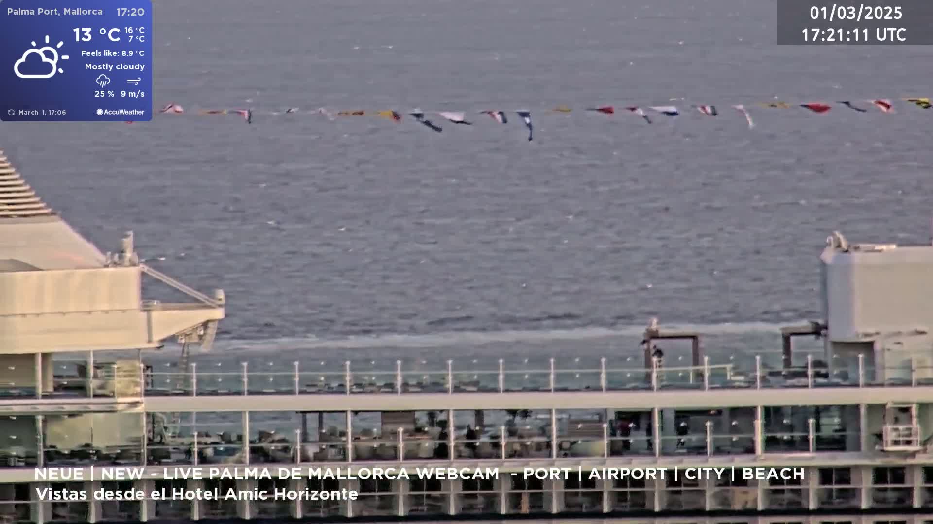 A mostly cloudy day with a 9 m/s wind shows a cruise ship's deck and a line of small flags above the water.