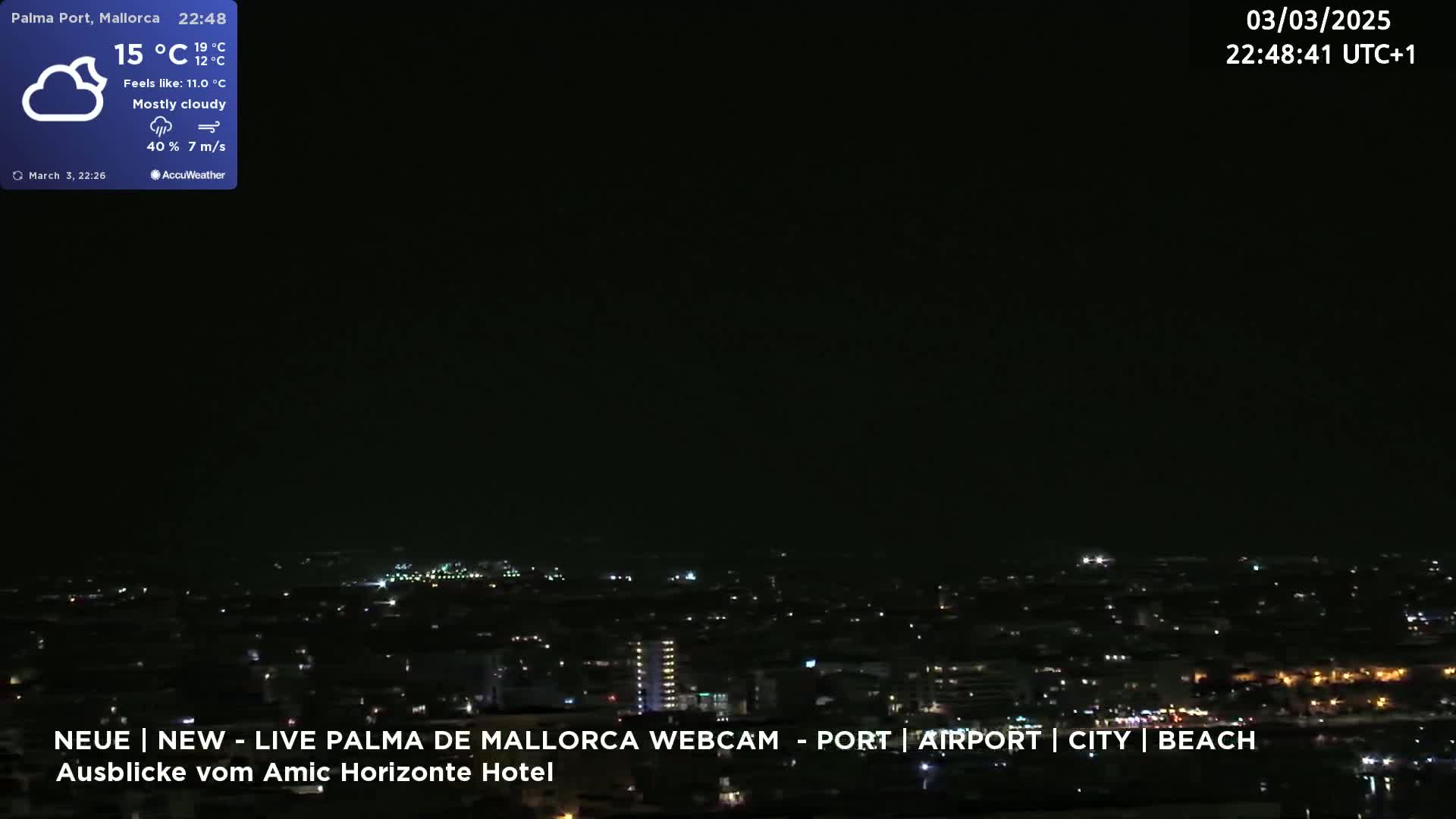 A nighttime, mostly cloudy view of a city illuminated by scattered lights, with a gentle breeze.