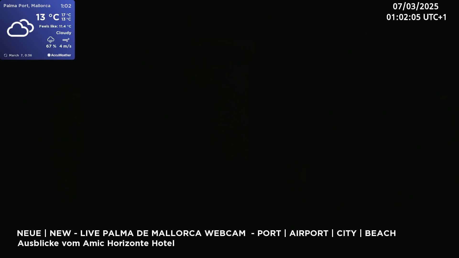 A nighttime image shows a completely black screen with a weather overlay indicating cloudy conditions with a temperature of 13°C and a wind speed of 4 m/s.