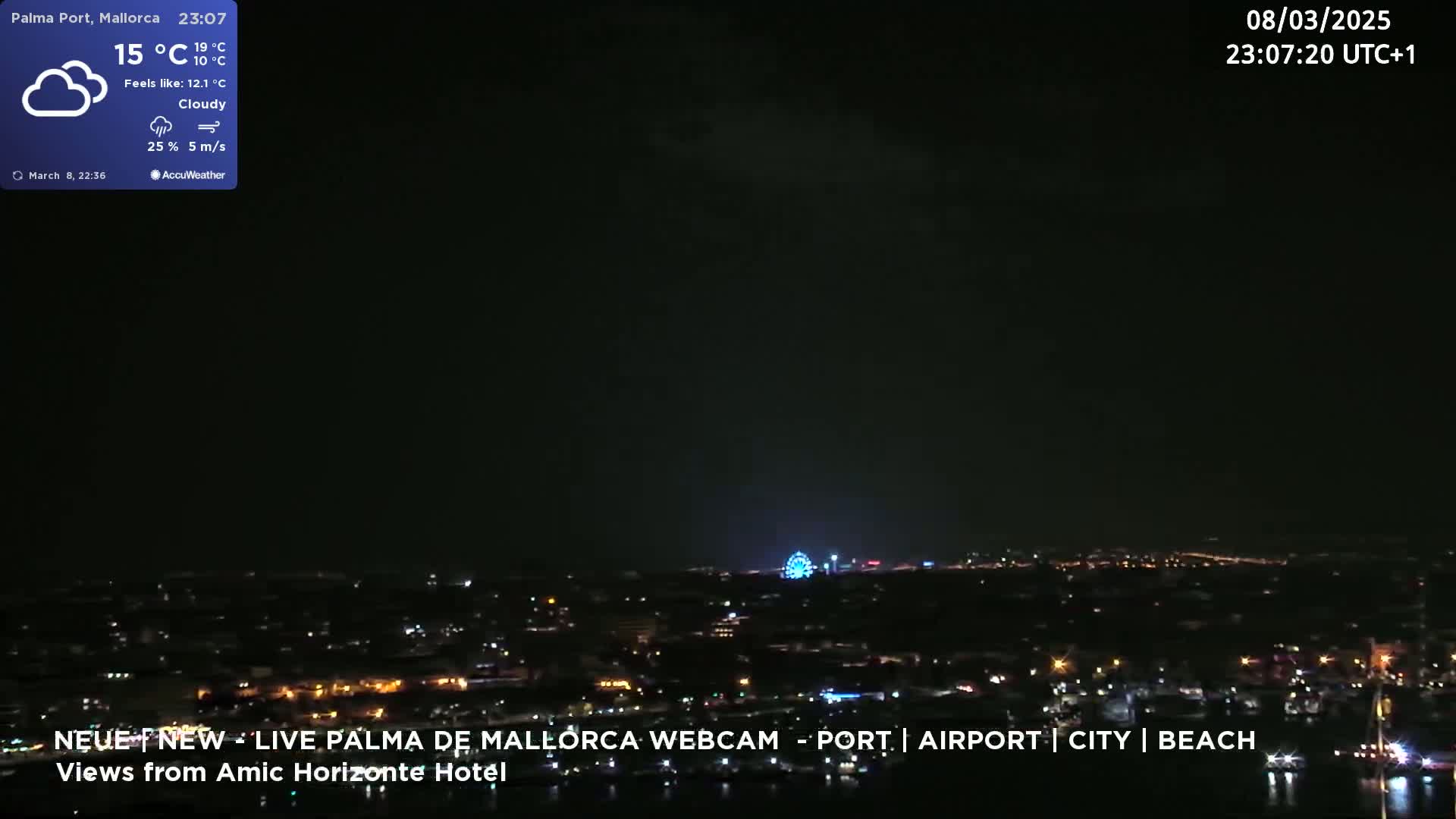 A nighttime, cloudy view of a city illuminated with lights, including a Ferris wheel, under a dark sky with a light breeze.
