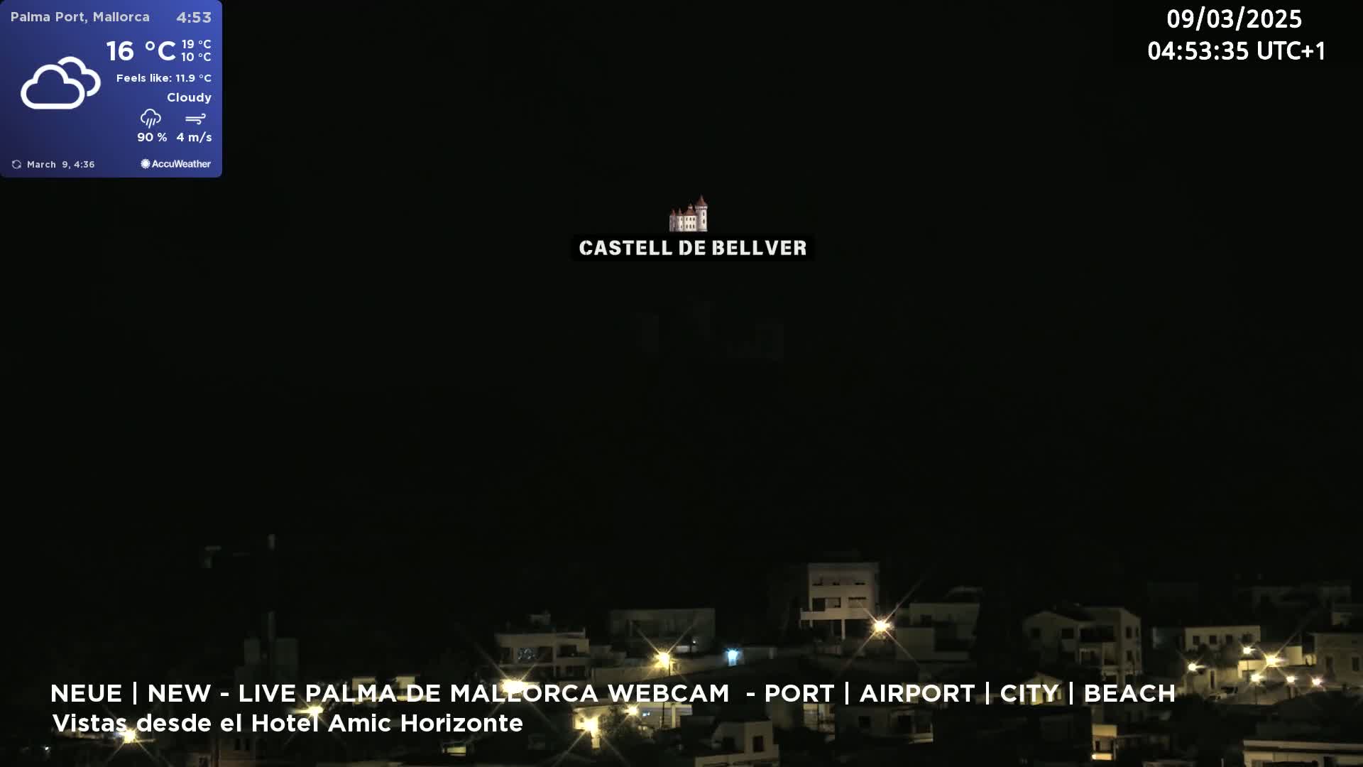 A nighttime view of Castell de Bellver, with cloudy skies and a wind speed of 4 m/s.