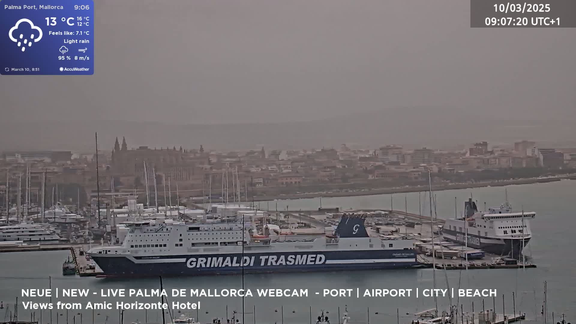 A large ferry is docked at a harbor in hazy, light rain, with a city in the background.