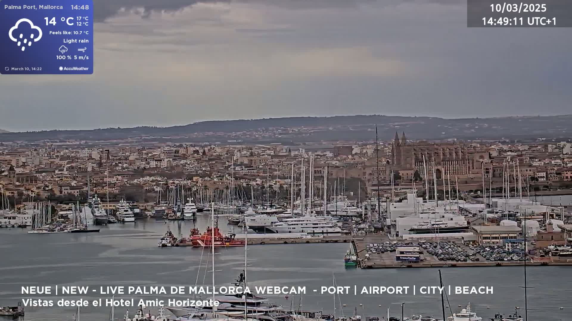 A harbor filled with numerous boats and yachts is shown under a light rain, with a city and a large cathedral visible in the background.