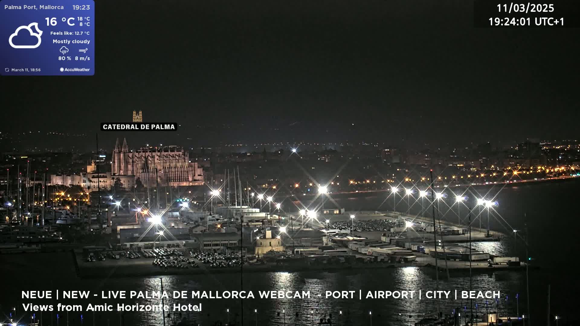 A nighttime harbor scene with a large cathedral in the background under mostly cloudy skies.