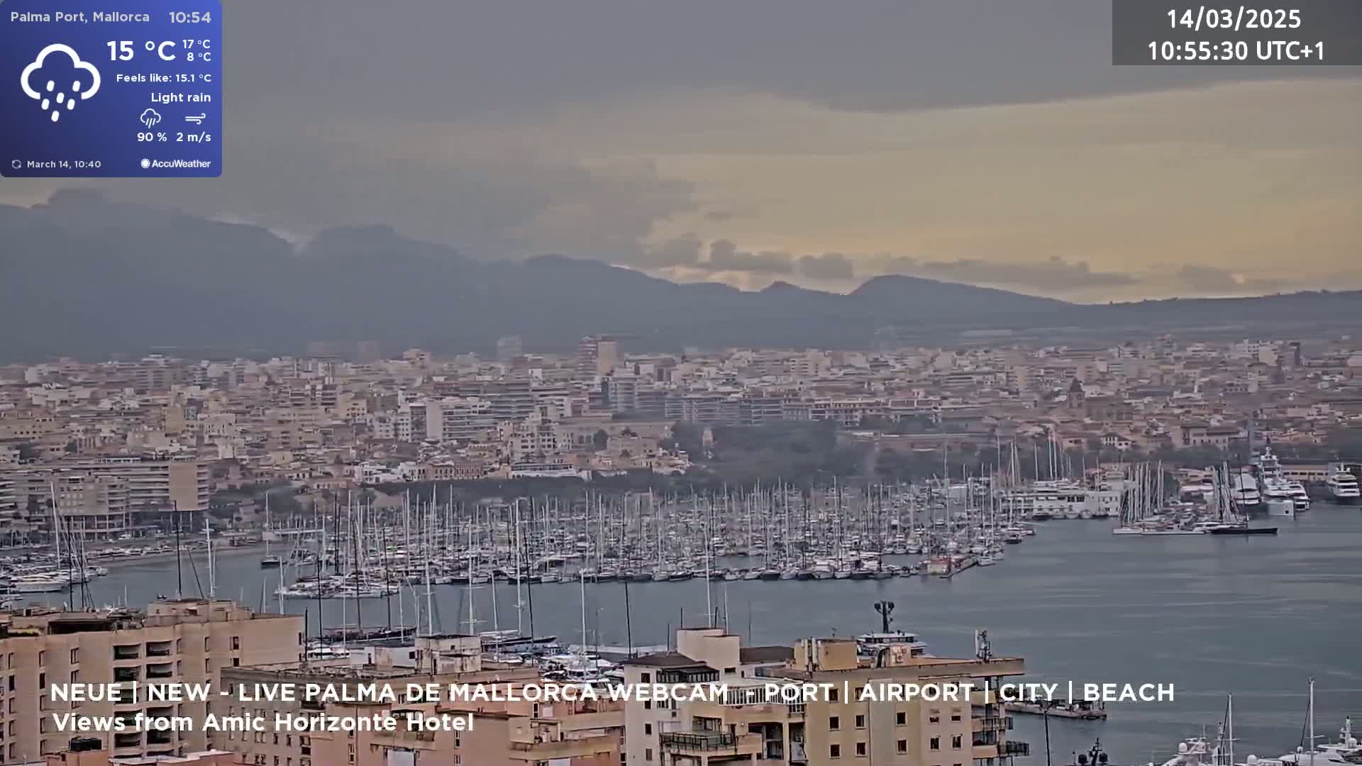 A city harbor filled with numerous boats is seen under a light rain, with mountains in the background under an overcast sky.