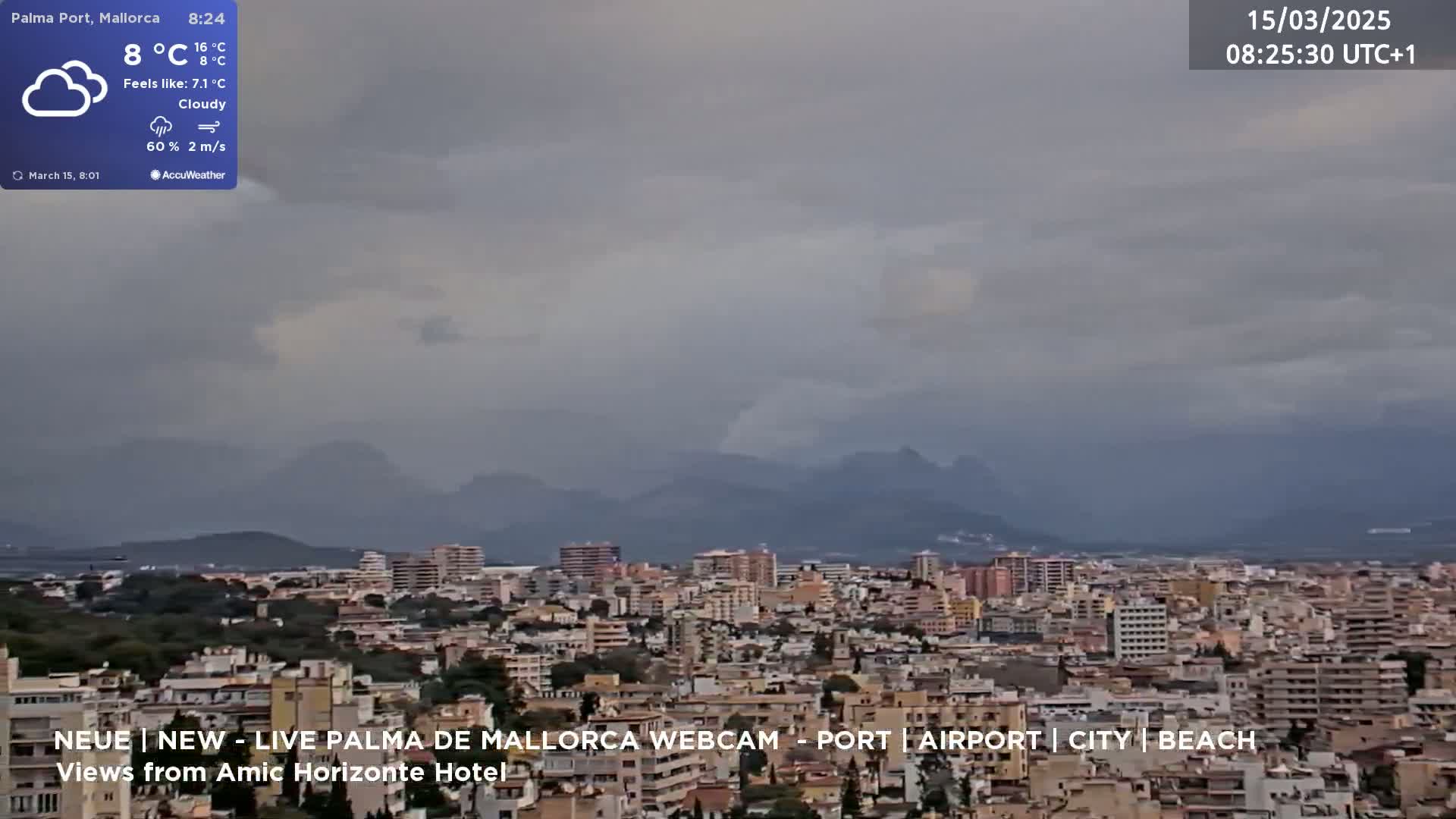A cloudy, overcast view of a city with mountains in the distance.