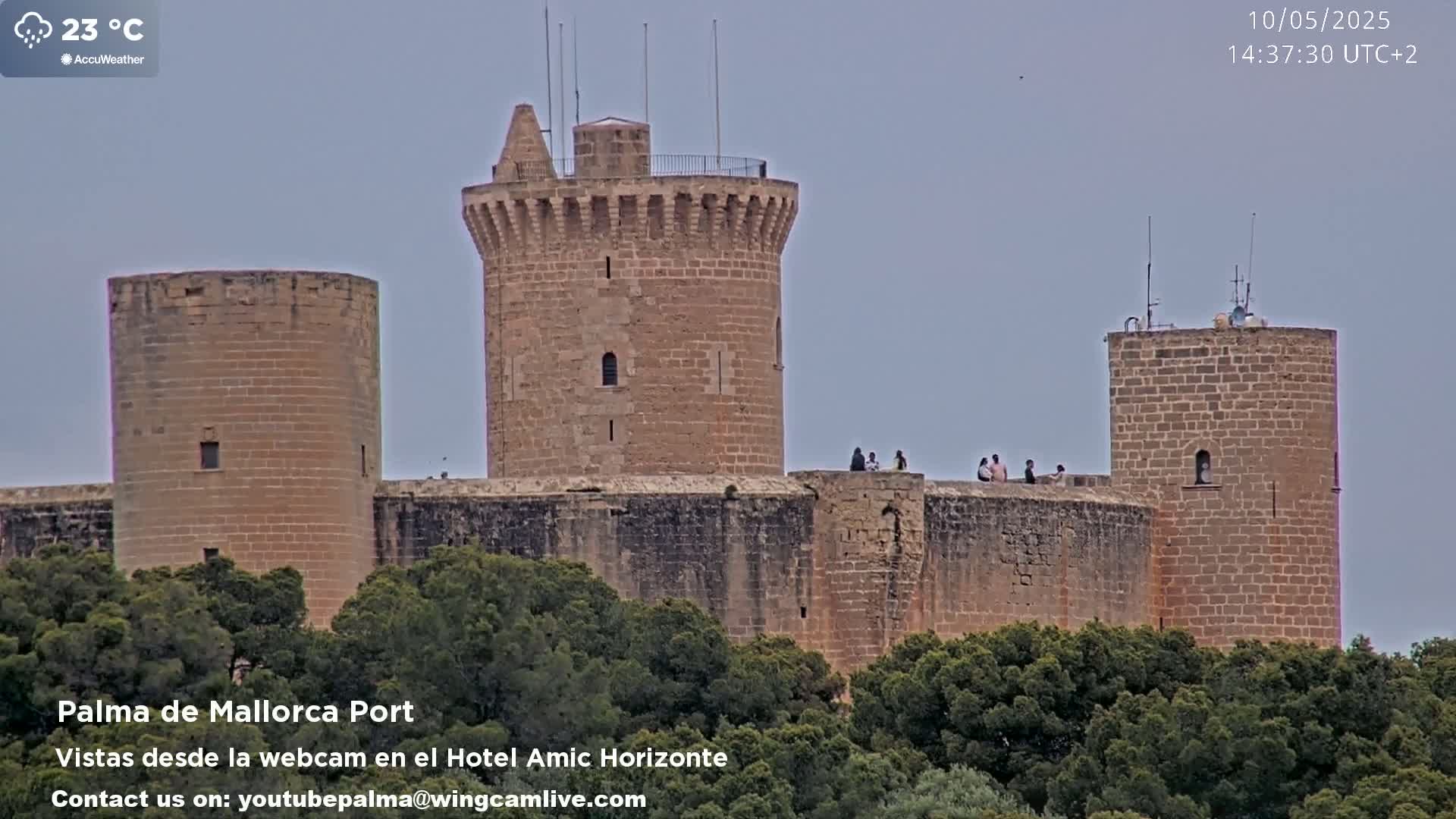 A stone castle with several towers stands atop a hill, partially obscured by green trees under a cloudy sky.