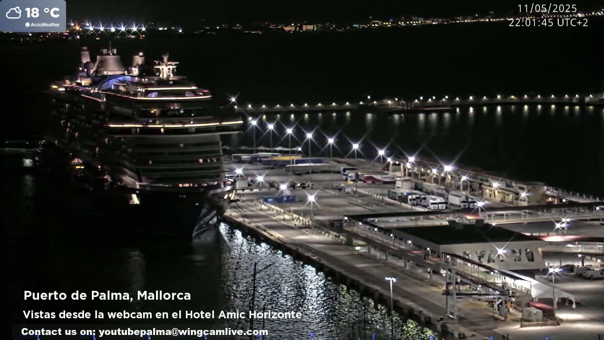 A large cruise ship is docked at a brightly lit port at night, with calm water visible.