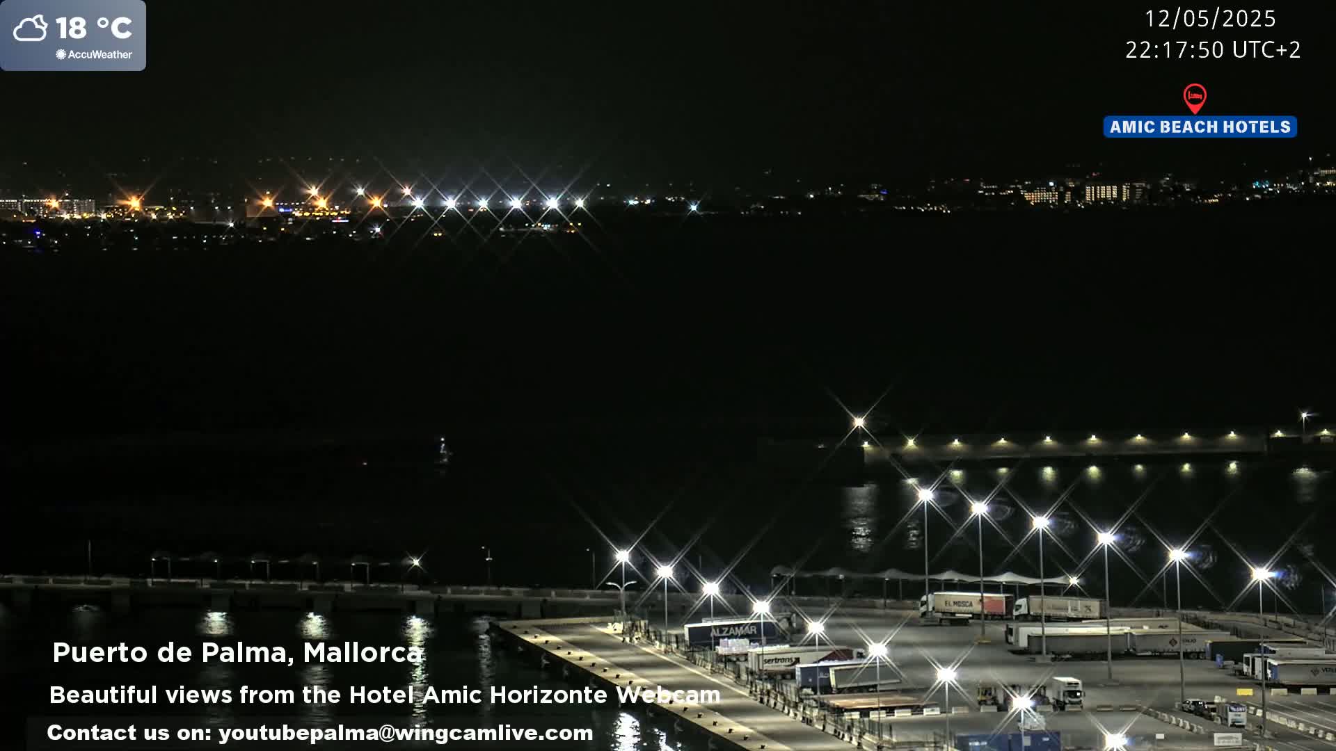 A nighttime view of a harbor in Palma de Mallorca, showing brightly lit docks and a city skyline in the distance under a clear sky.