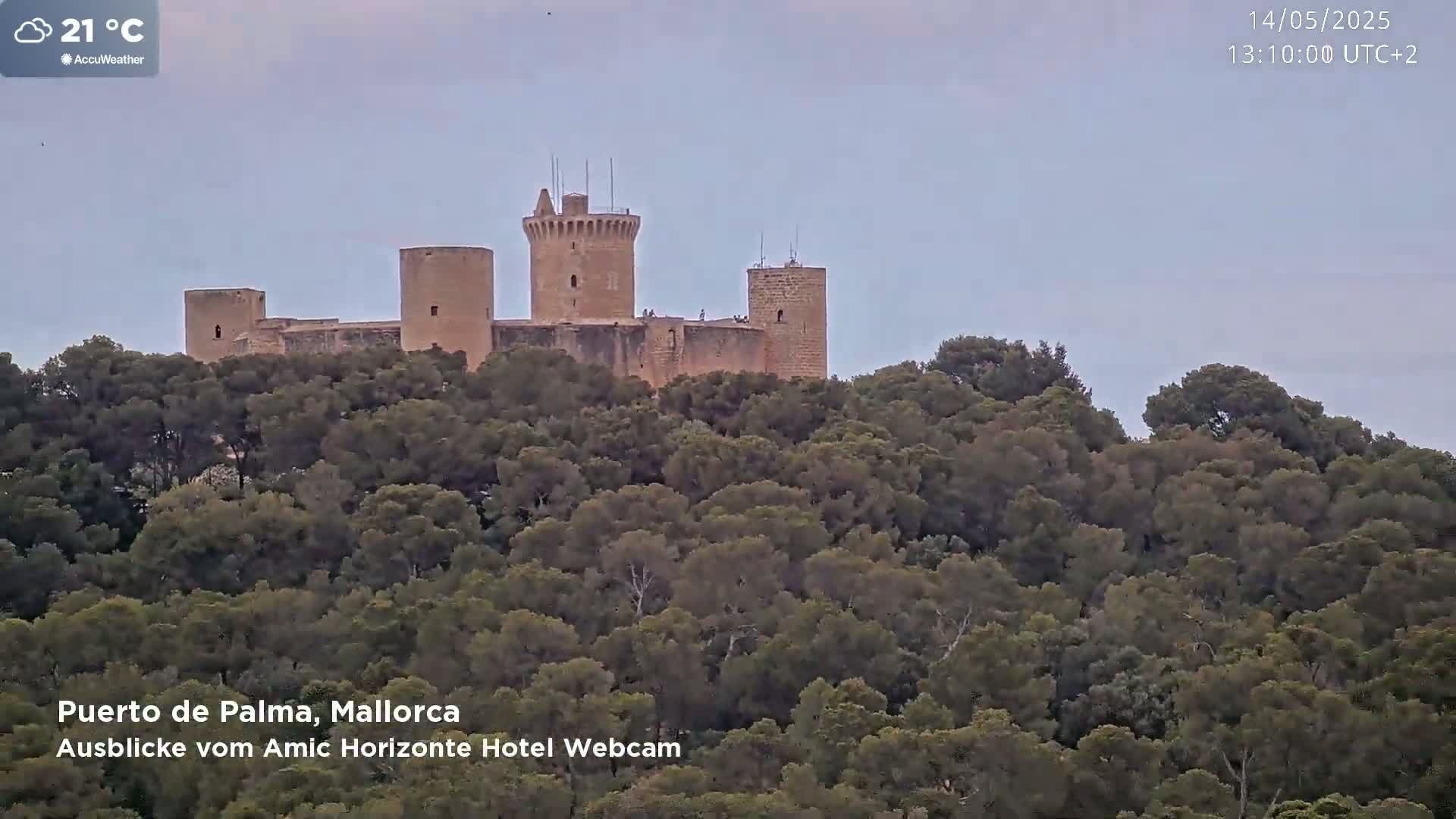 A stone castle with multiple towers sits atop a hill covered in dense, dark green trees under a partly cloudy sky.