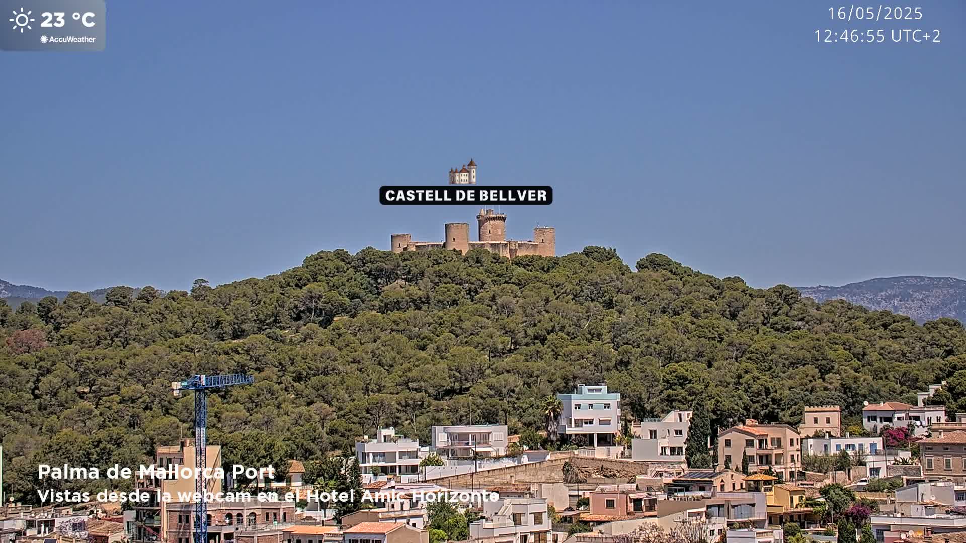 A stone castle sits atop a verdant hill overlooking a town of low-rise buildings under a clear blue sky.