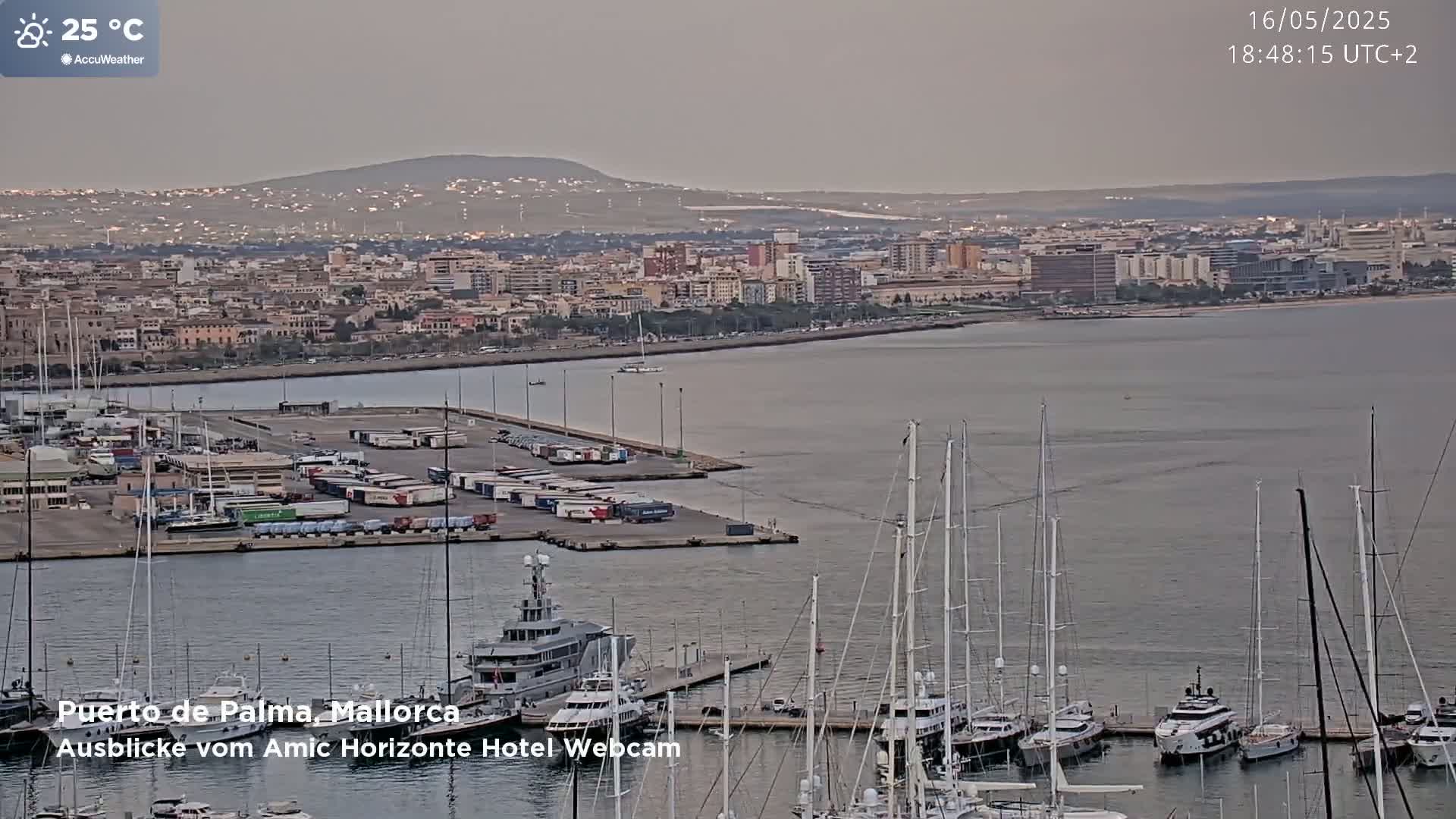 A harbor filled with numerous yachts and cargo containers is situated in front of a city under a hazy, overcast sky.