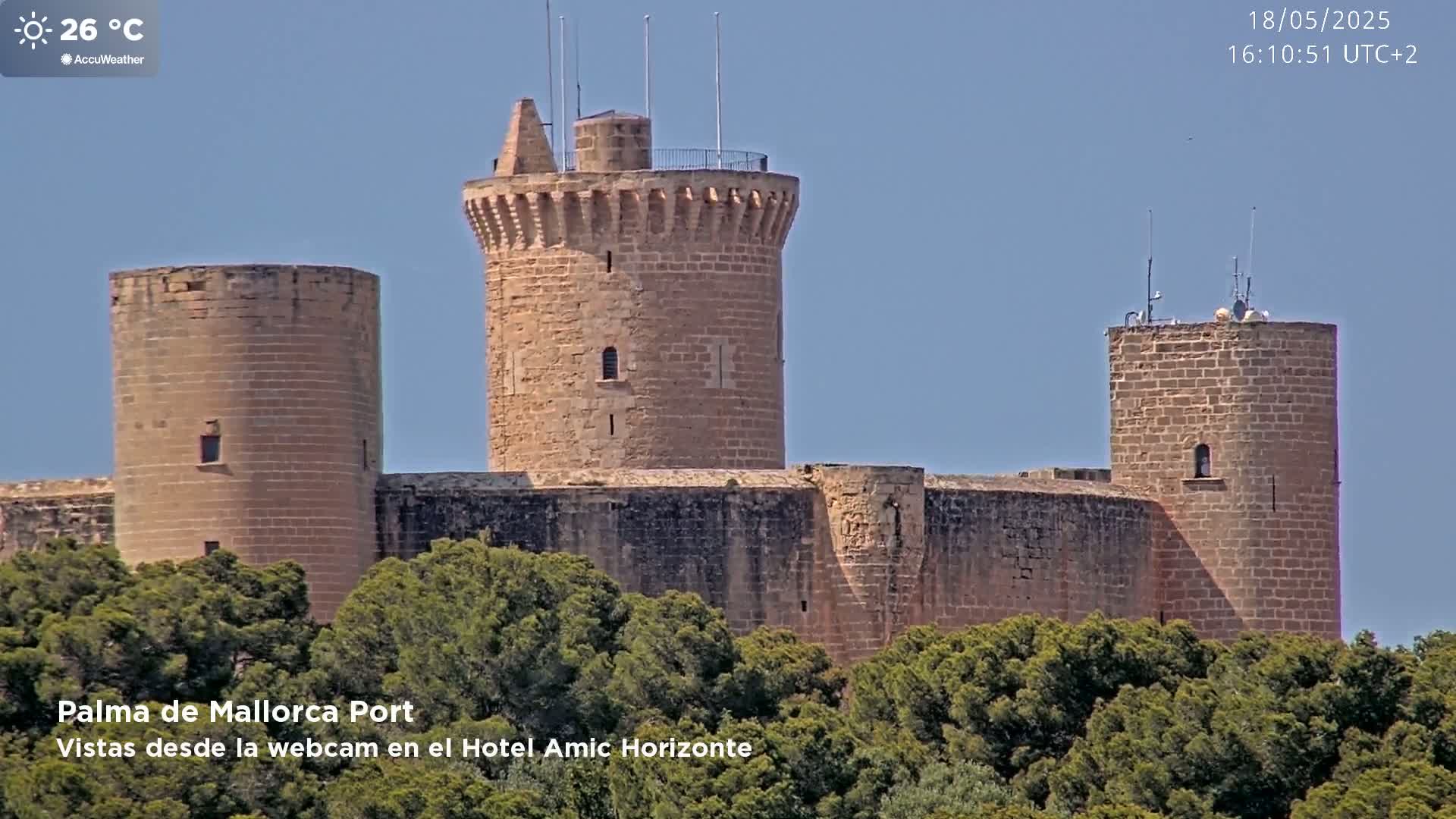 A stone castle with multiple towers sits atop a hill covered in lush green trees under a clear blue sky.