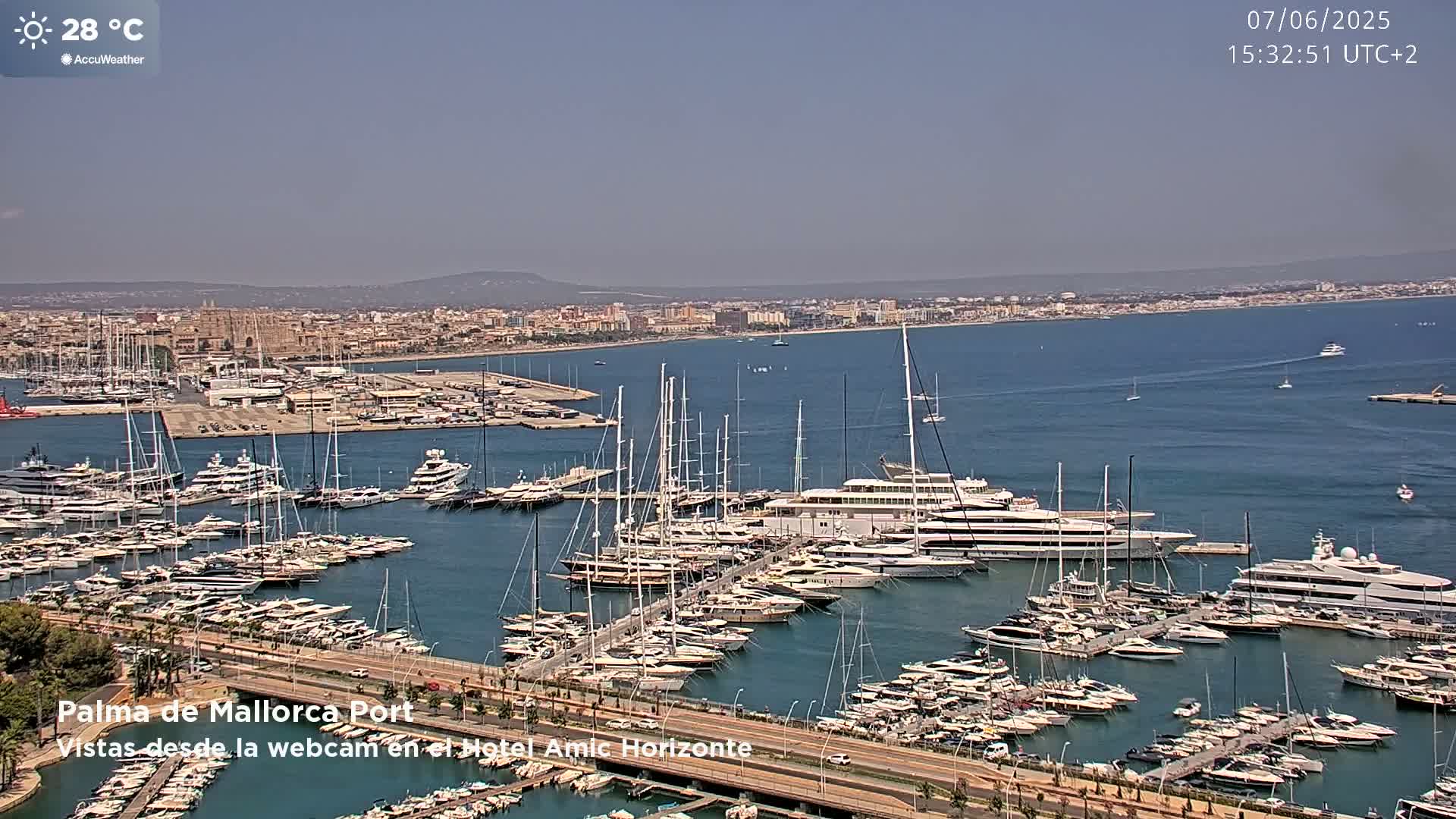 A sunny harbor filled with numerous yachts and sailboats on a clear day, with a city and distant mountains in the background.