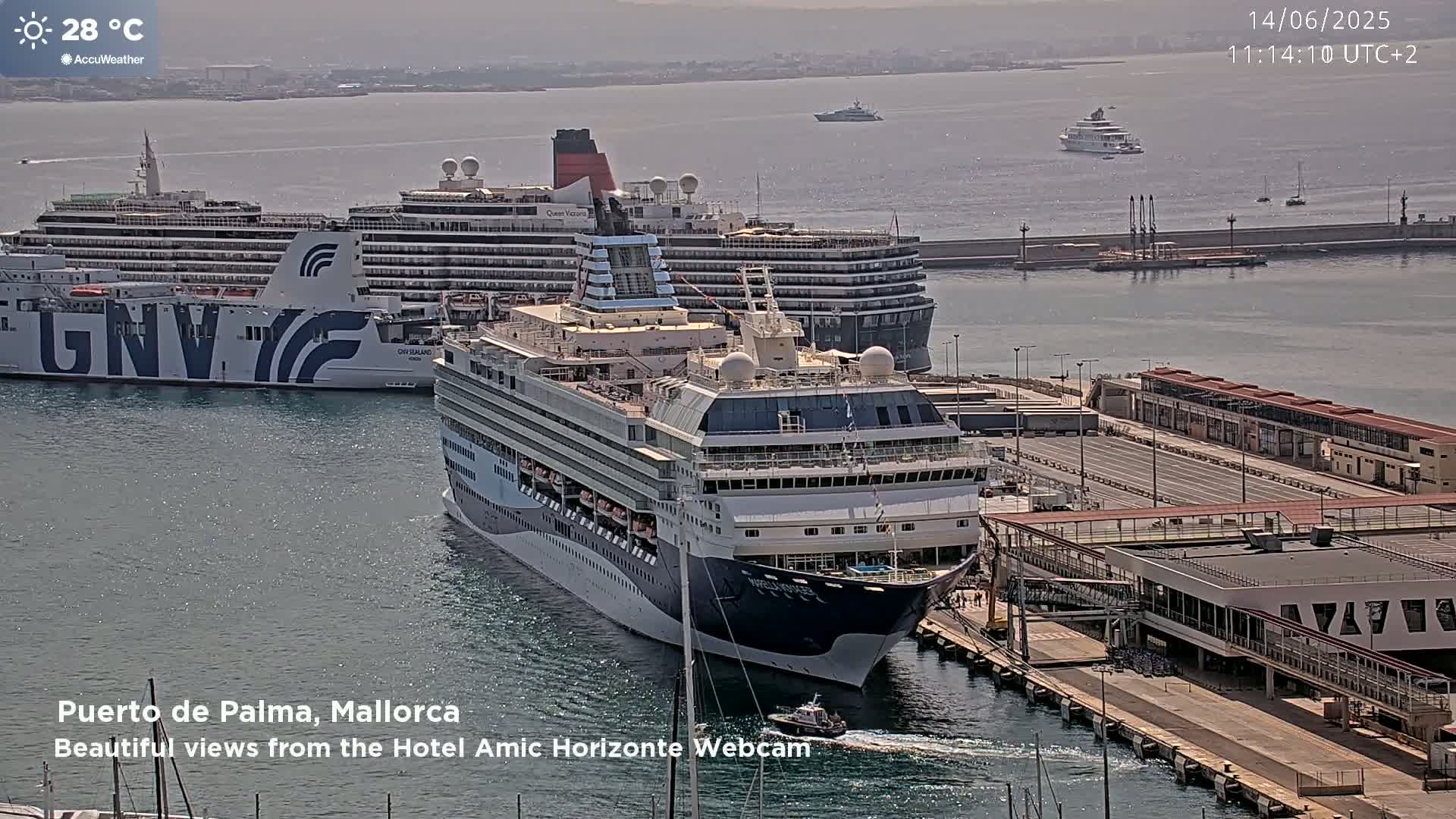 A cruise ship is docked at a port, with another cruise ship and a ferry alongside it, on a sunny day.