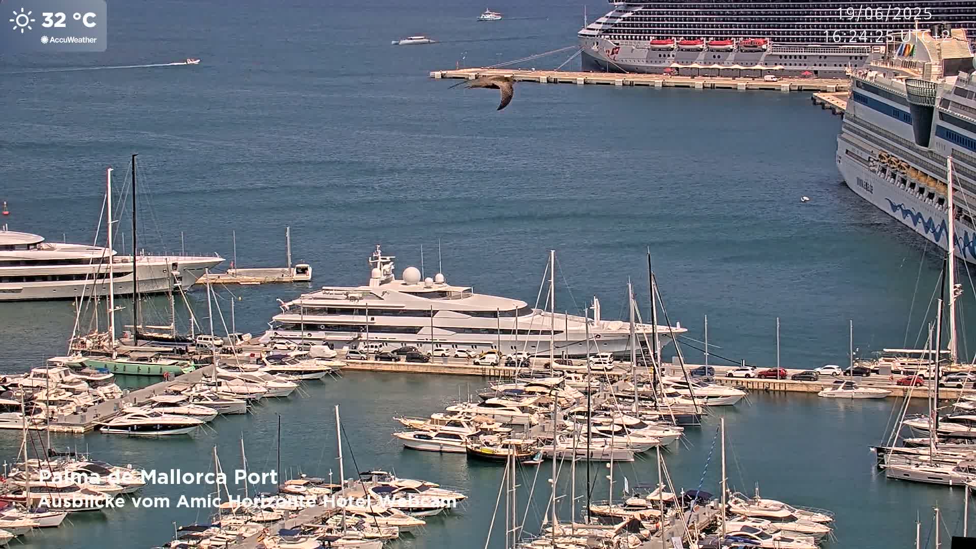 A large yacht is docked in a marina filled with numerous smaller boats, with two cruise ships and a bird in flight visible in the background on a sunny, 32°C day.