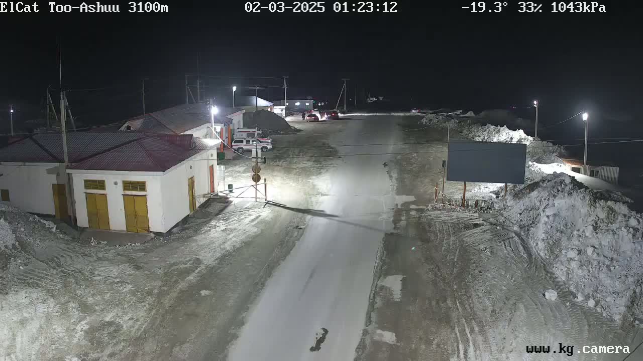 A nighttime, snow-covered road scene shows a few buildings and vehicles under artificial light, with piles of snow visible along the roadside.