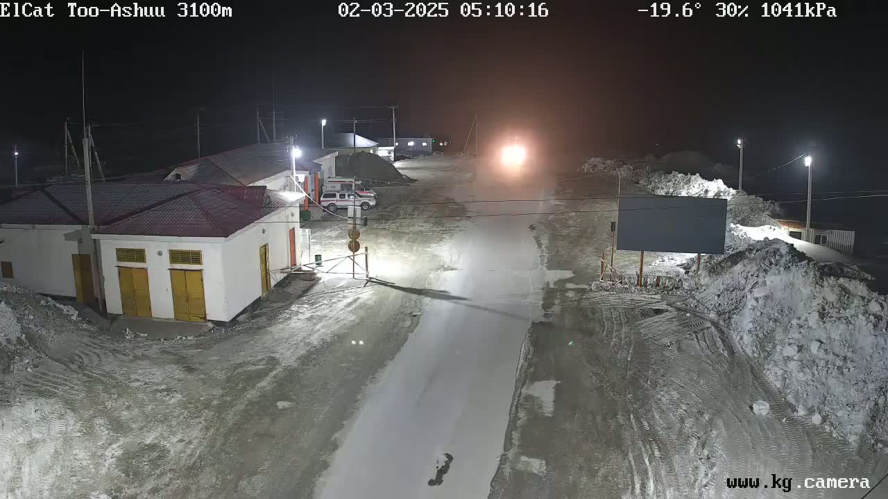 A nighttime view of a snow-covered road leading to a small building complex, under a partly cloudy sky with a temperature of -19.6 degrees.