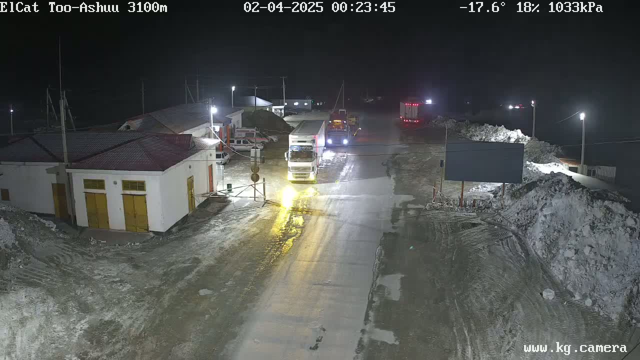 A nighttime, snowy scene shows several vehicles on a road near buildings, under a dark sky with a temperature of -17.6°C and 18% humidity.