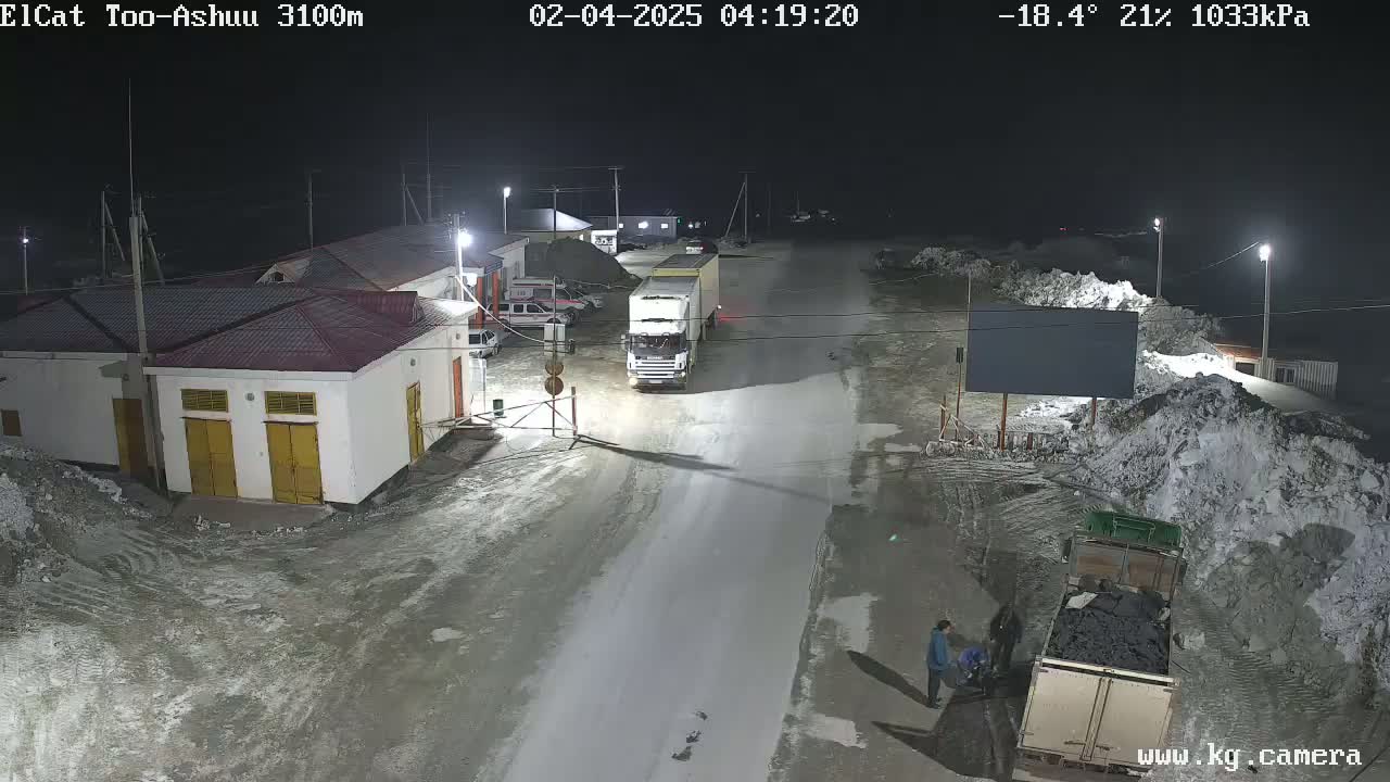 A snow-covered road at night is illuminated by streetlights, showing a white truck, a dump truck, buildings, and a few people.