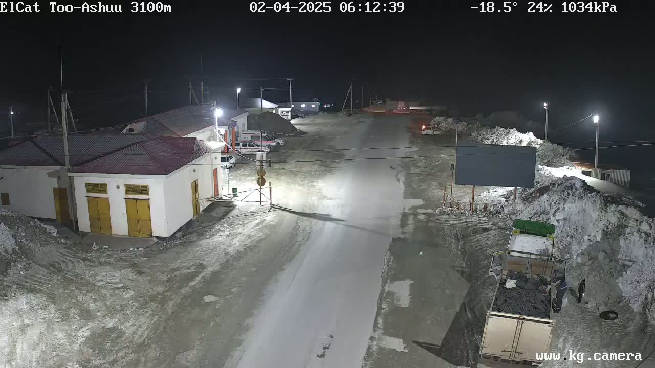 A nighttime, snow-covered scene shows a sparsely populated road with several buildings and vehicles, under a clear sky at -18.5°C.