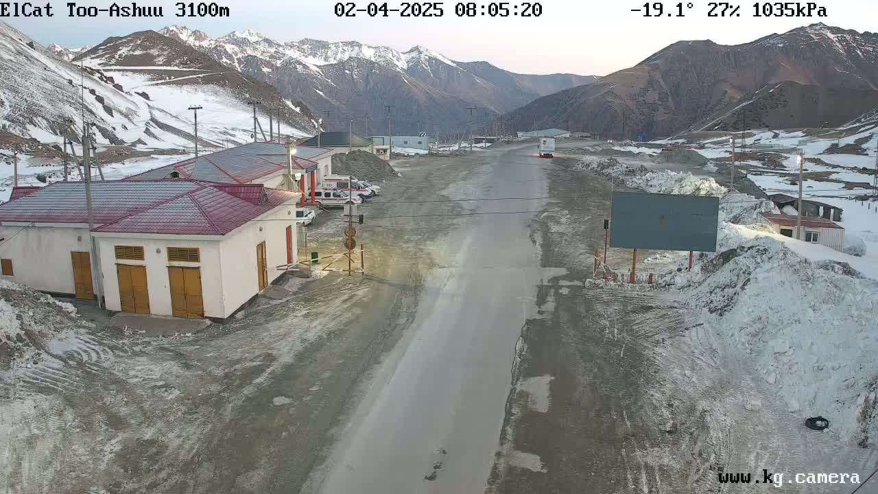 A long, wet road stretches through a mountainous landscape with snow and ice on the ground and surrounding hills, under a partly cloudy sky.