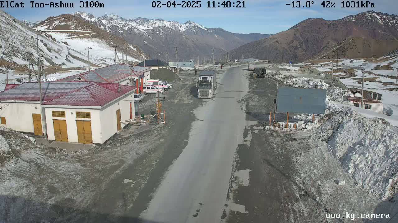 A paved road winds through a mountainous area with snow on the ground and mountains in the background under a clear, sunny sky.