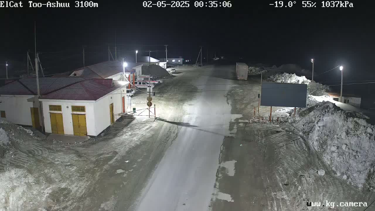 A nighttime view of a snow-covered road and buildings, with several vehicles parked nearby under partly cloudy skies at -19°C.