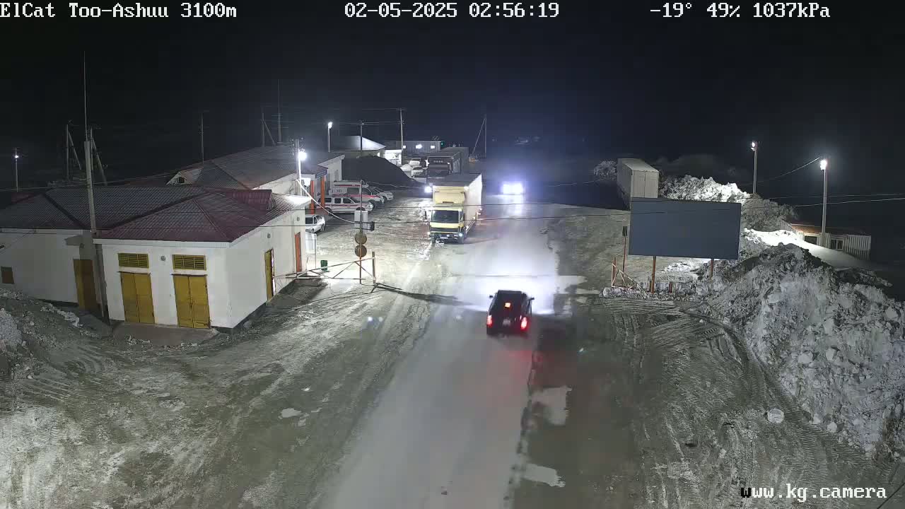 A nighttime, snow-covered road scene shows several vehicles, including a truck and a car, near buildings under a -19°C temperature with 49% humidity.