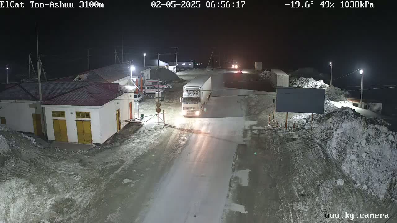A nighttime, snowy scene shows a large truck driving on a road past buildings and snow piles, under partly cloudy skies at -19.6°C.