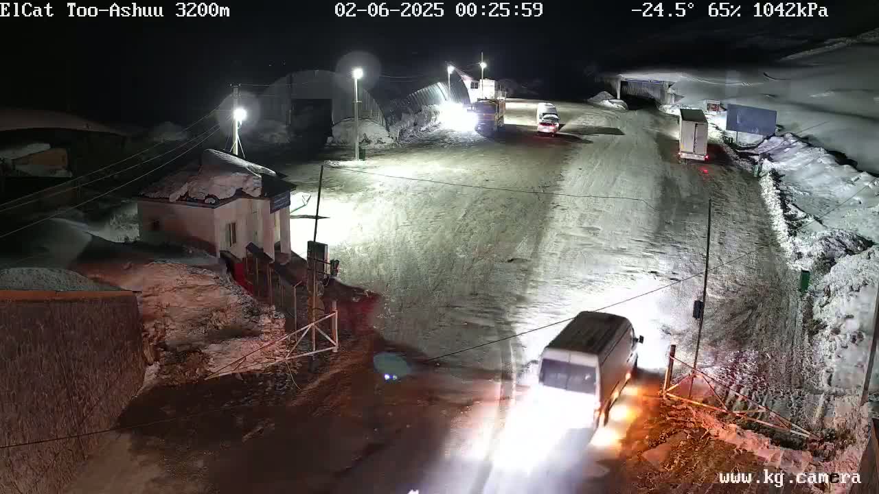 A nighttime scene of a snow-covered road with several vehicles, including a van, traveling on it at -24.5°C with 65% humidity.