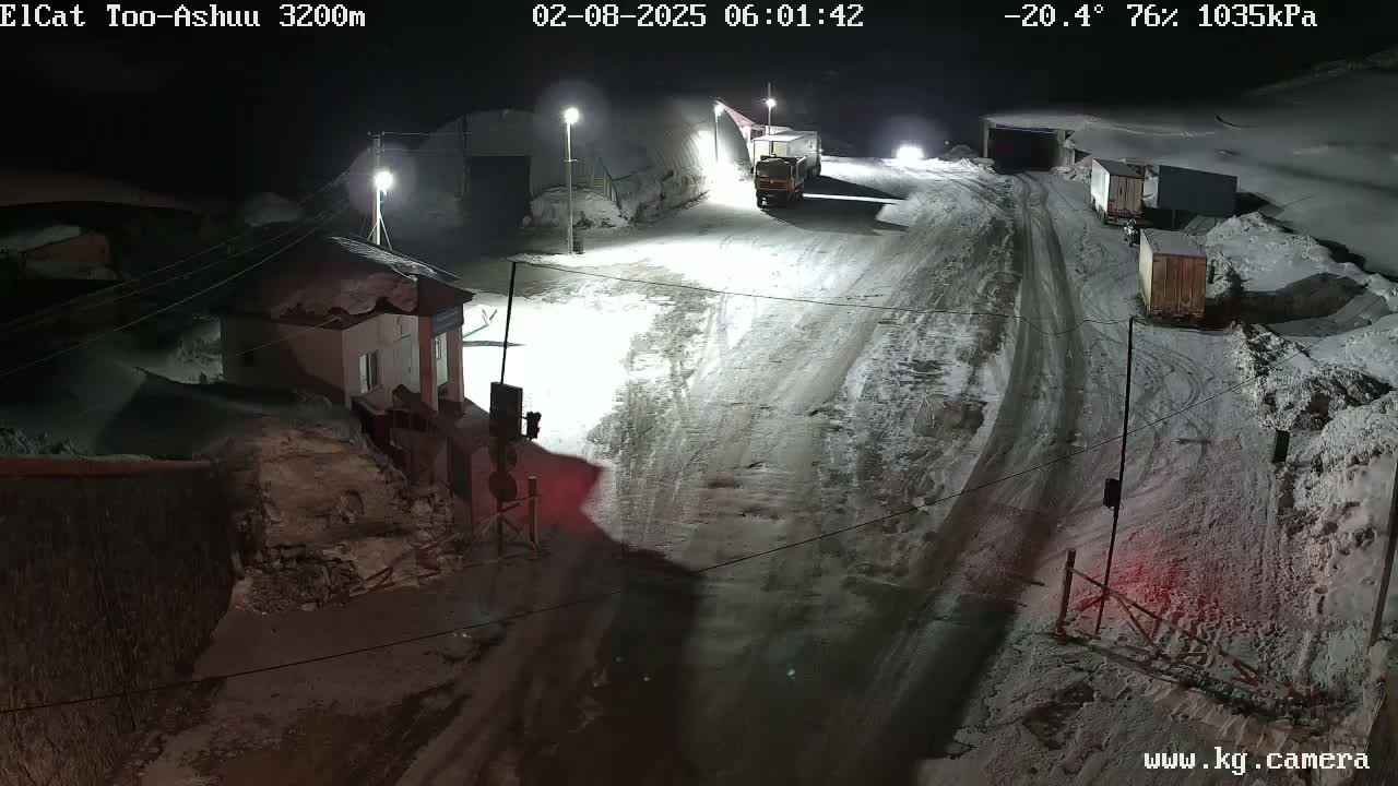 A nighttime, snow-covered road scene with several trucks parked, illuminated by streetlights, under a sky with a temperature of -20.4°C, 76% humidity, and 1035kPa of pressure.