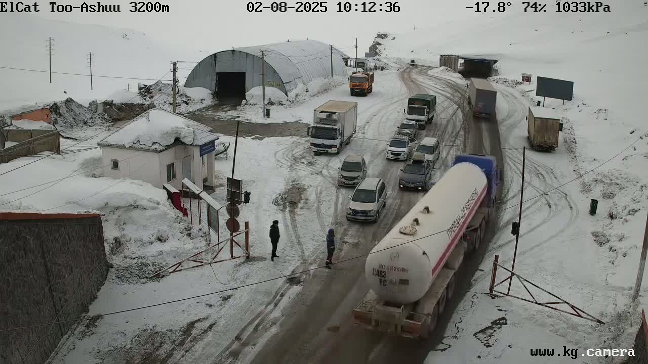 A snowy mountain pass with a line of vehicles waiting at a checkpoint, two people standing nearby, and a large tanker truck.