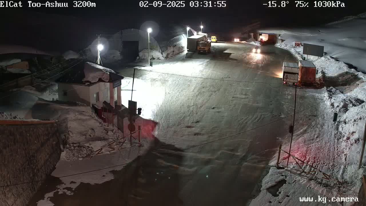 A snow-covered roadway at night, illuminated by streetlights, with several trucks and a building partially visible in the scene, under conditions of −15.8°C and 75% humidity.