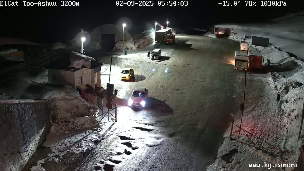 A snow-covered road at night with several vehicles, including cars and trucks, parked and driving; the air temperature is -15°C.